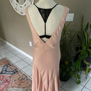 Anthropologie Slip Dress Open Back Bias Cut Blush Pink Black Lace Medium Silky